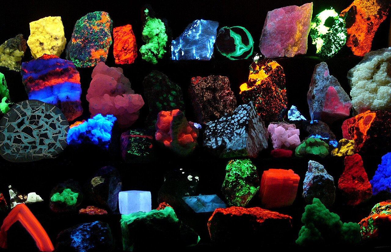 A collection of minerals glowing under ultraviolet light